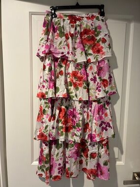 Abercrombie & Fitch White Floral Tiered Midi Skirt -Red, Lilac & Green